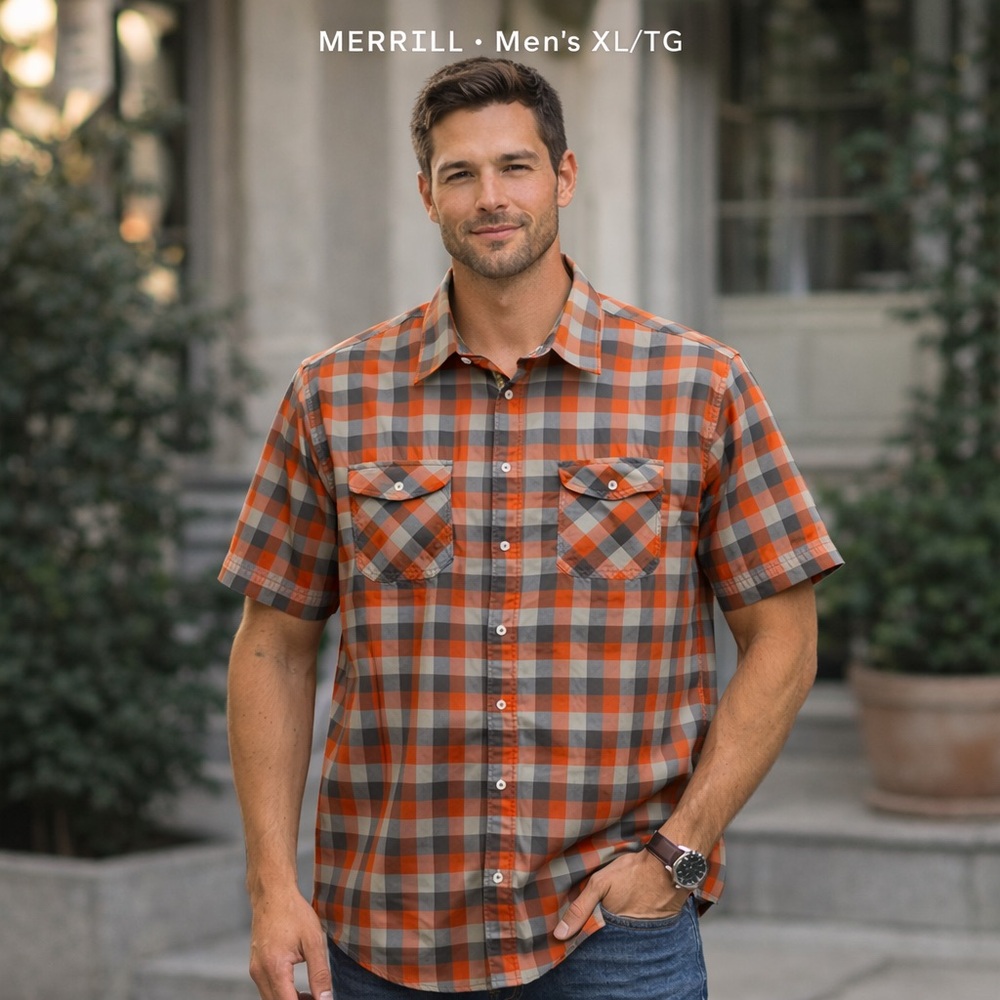 Merrell Opti-Wick Plaid Button Down Shirt XL/TG UPF 30 Short Sleeve